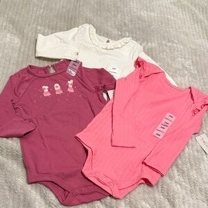 3-Pack Girls Long-Sleeve One-Piece Bodysuits - Pink, Mauve, Cream, size 24mos.